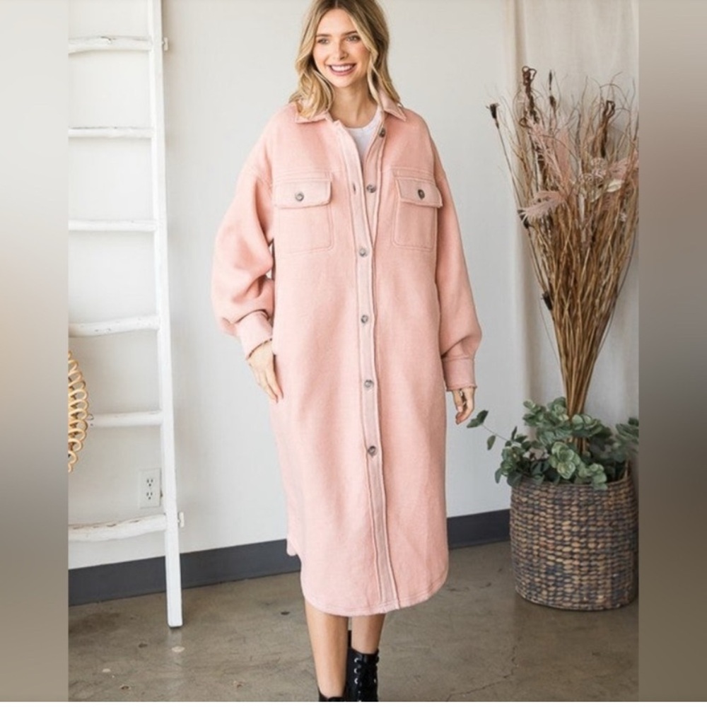 NWOT Oli & Hali Pink Longline Duster Fuzzy Jacket Coat Fleece Long Mid length S